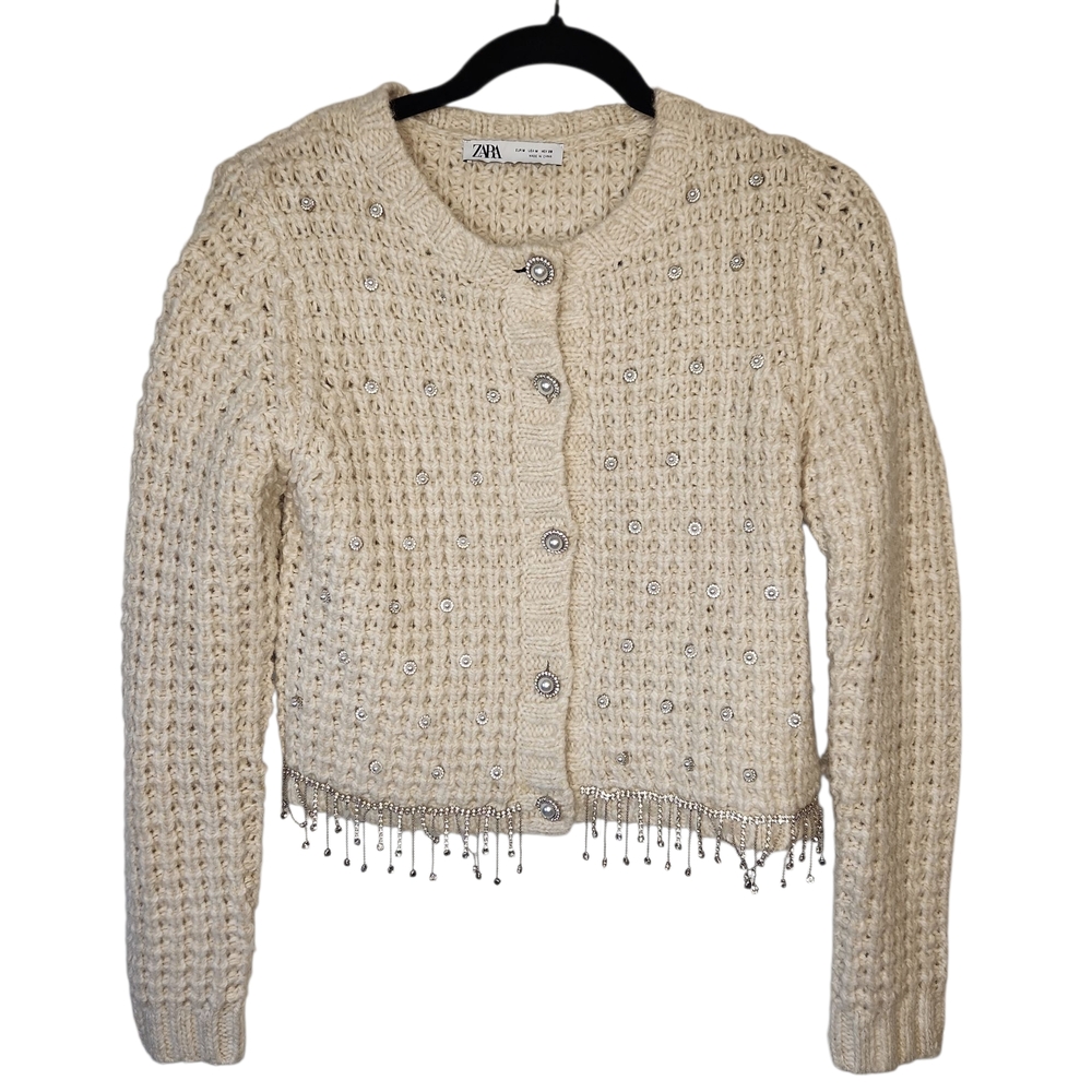 Zara Cream Chunky KnitQuiet Luxury Fringed Cardigan Sweater Size M